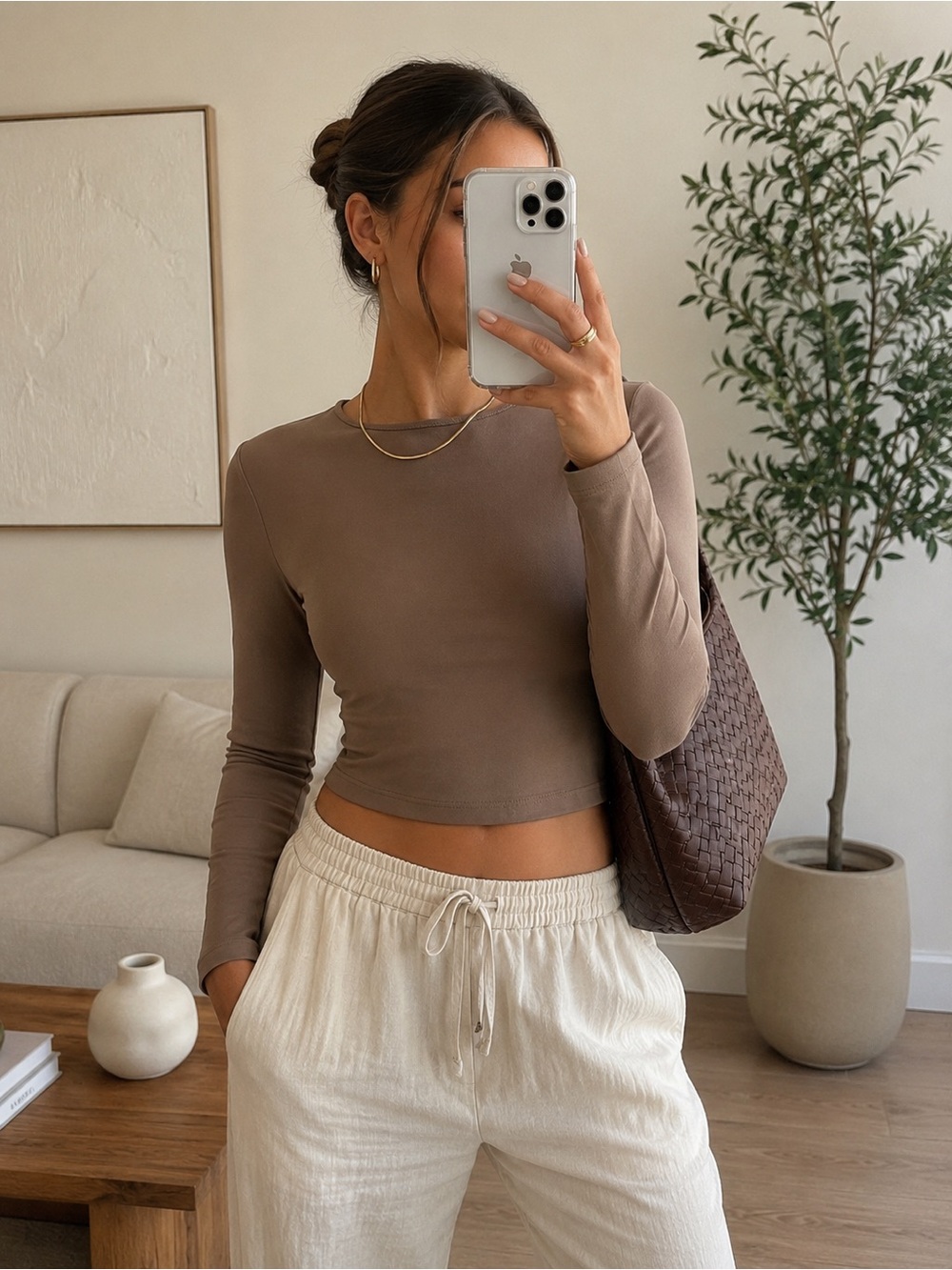 Mocha Second Skin Long Sleeve Crop Top | Minimalist Neutral Basic